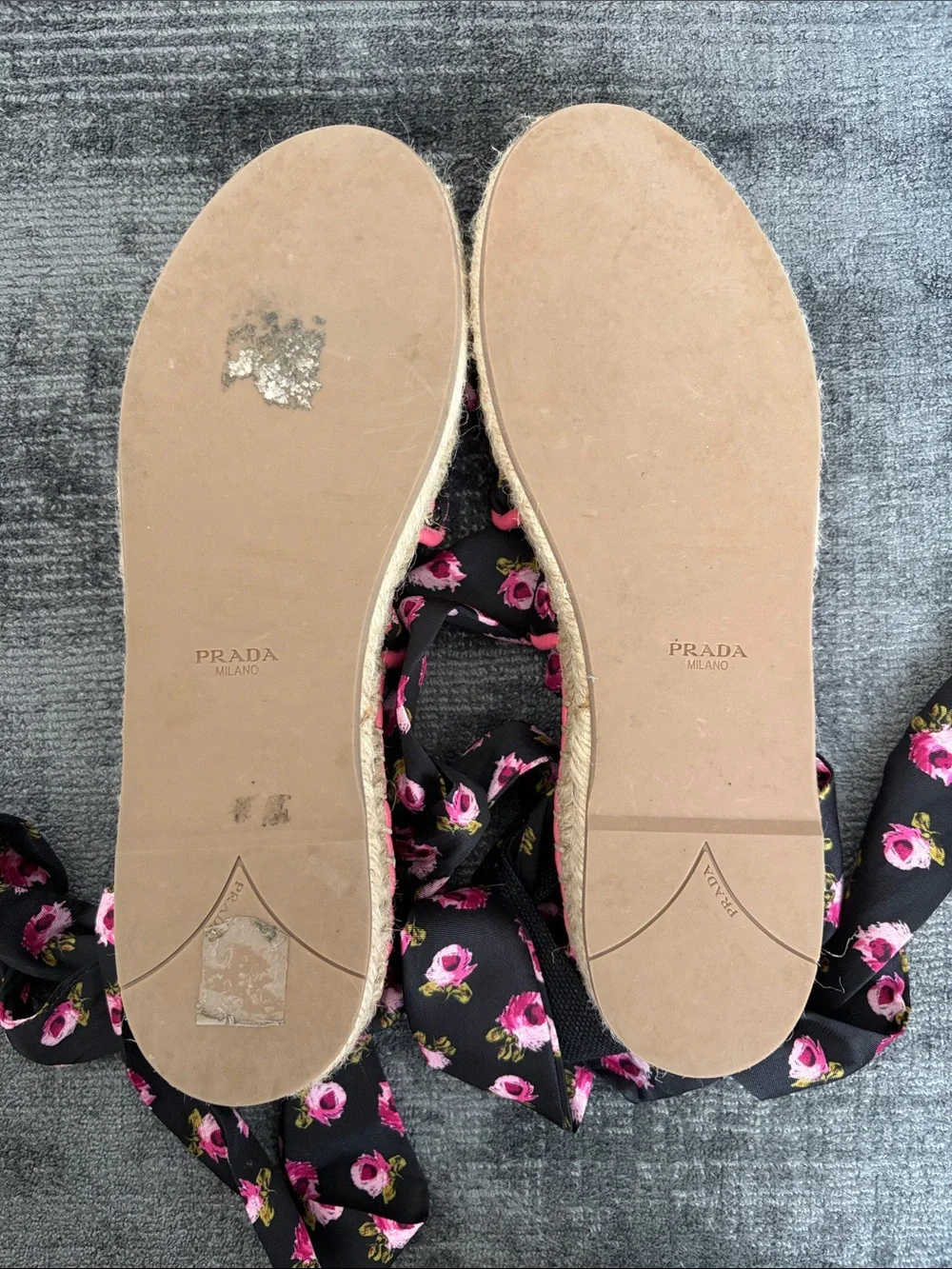 Prada Black Floral Ribbon Espadrille Sandals with Pink Accents
